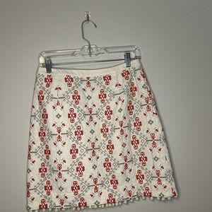 Maeve Anthropologie Cross Stitch Pom Pom Blommel Skirt, Ivory/Gray/Red, Size 2